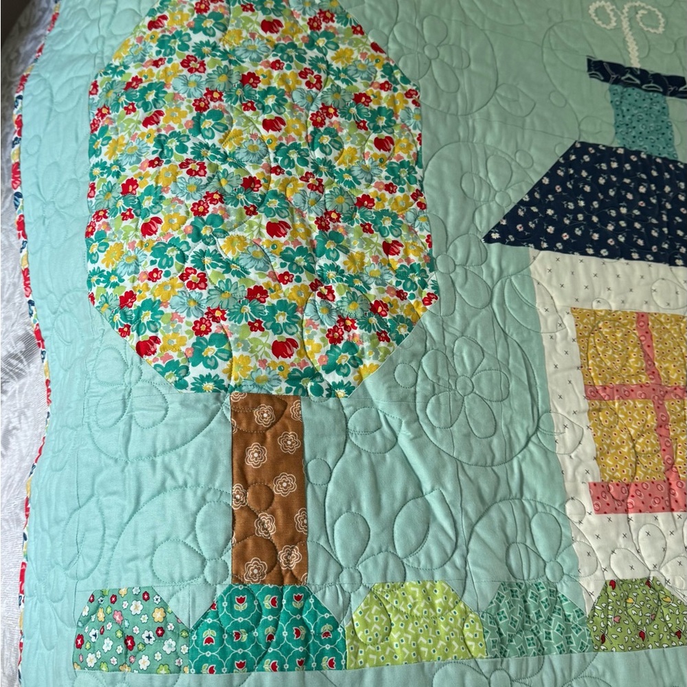 Homemade Aqua Blue Quilted Folk Art Quilt with Geometric Patterns - Picture 4 of 10